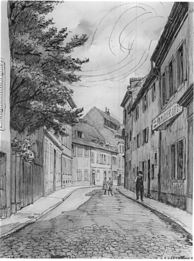 La rue des Moulins en 1900 (démolie en 1911).