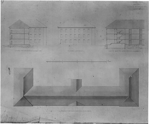 Plan de l'hospice civil projeté pour la ville de Mulhausen : coupes, façade latérale, projection horizontale du comble.