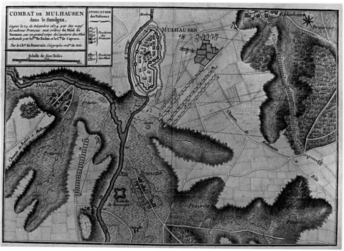 Plan de la ville et de ses alentours. Combat de Muhlausen dans le Sundgau, gagné le 29 décembre 1674.