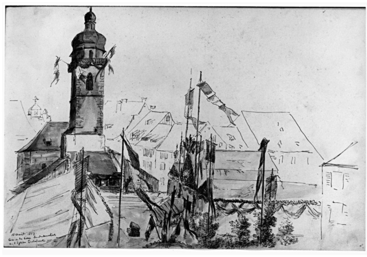 Eglise détruite : pose de la pierre fondamentale de l'église protestante, à l'arrière plan le clocher et le bâtiment du conseil presbytéral, vestige de l'église détruite.