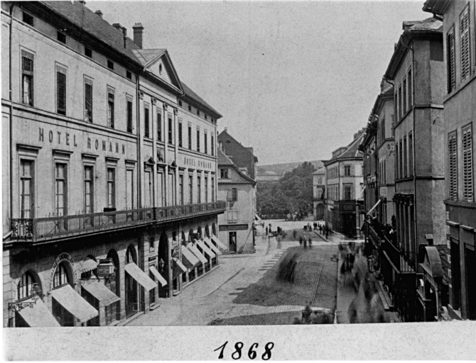 Vue ancienne de l'hôtel Romann (ancien hôtel du Lion Rouge), rue du Sauvage.