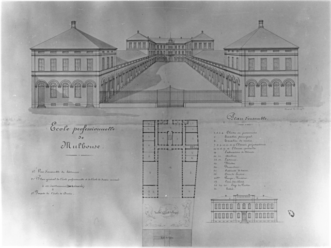 Vue d'ensemble en perspective, plan d'ensemble et élévation de la façade principale de l'école de dessin.