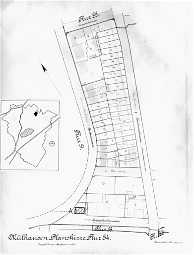 Plan cadastral de 1905, avec la situation des édifices inventoriés. Extrait de la section 84. A : octroi (détruit).