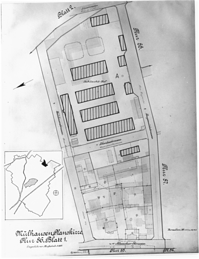 Plan cadastral de 1905, avec la situation des édifices inventoriés. Extrait de la section 86, feuille 1. A : abattoirs.