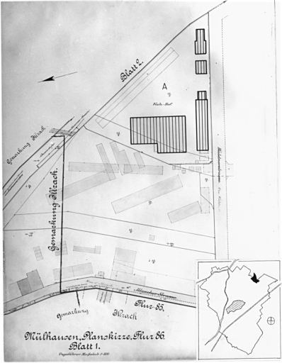 Plan cadastral de 1905, avec la situation des édifices inventoriés. Extrait de la section 86, feuille 1. A : abattoirs.