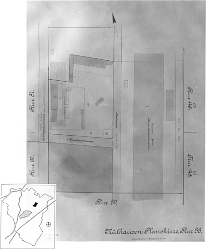 Plan cadastral de 1905, avec la situation des édifices inventoriés. Extrait de la section 88. Situation de nouveau bassin.