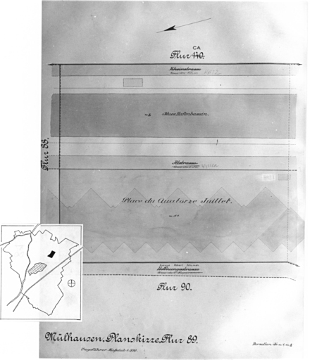 Plan cadastral de 1905, avec la situation des édifices inventoriés. Extrait de la section 89. Situation de nouveau bassin.