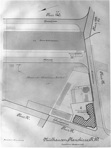 Plan cadastral de 1905, avec la situation des édifices inventoriés. Extrait de la section 89. A : Tribunal d'Instance.