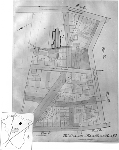 Plan cadastral de 1905, avec la situation des édifices inventoriés. Extrait de la section 90. A : gymnase La Milhusina.