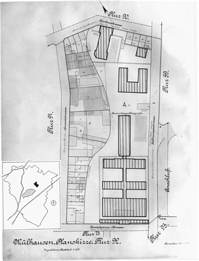 Plan cadastral de 1905, avec la situation des édifices inventoriés. Extrait de la section 92. A : prison.