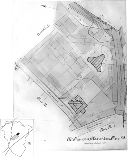 Plan cadastral de 1905, avec la situation des édifices inventoriés. Extrait de la section 93. Edifice étudié : maison Koechlin, 1 avenue de Colmar (détruit). Edifice repéré : tour de l'Europe.