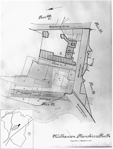 Plan cadastral de 1905, avec la situation des édifices inventoriés. Extrait de la section 94. A : ancien abattoir (détruit). B : lycée Montaigne (construit sur le même emplacement).