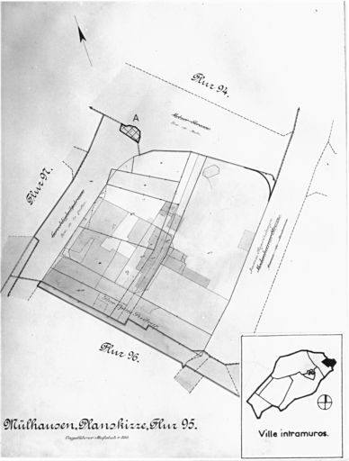 Plan cadastral de 1905, avec la situation des édifices inventoriés. Extrait de la section 95. A : bastion du Bollwerk.