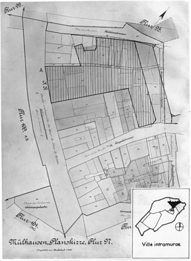 Plan cadastral de 1905, avec la situation des édifices inventoriés. Extrait de la section 97. A : magasin des Nouvelles Galeries, 54-56 rue du Sauvage.