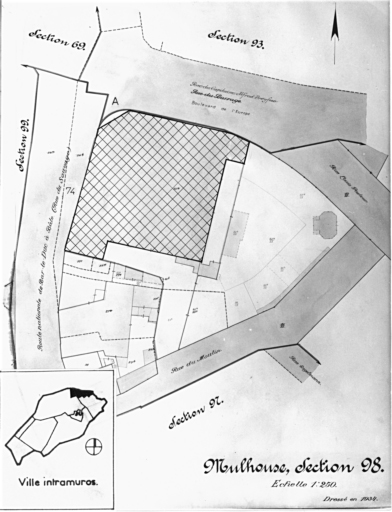 Plan cadastral de 1905, avec la situation des édifices inventoriés. Extrait de la section 98. A : banque Société Générale Alsacienne de Banque, 74 rue du Sauvage.