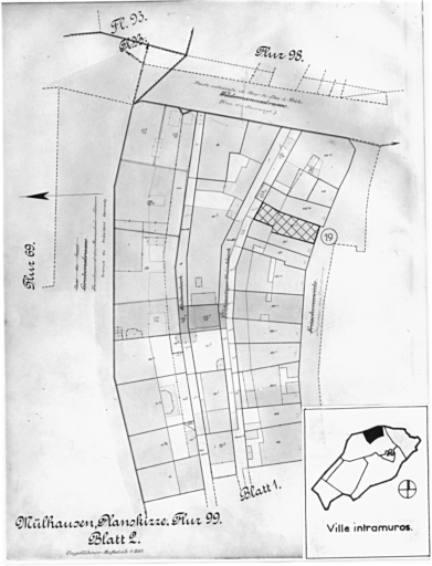 Plan cadastral de 1905, avec la situation des édifices inventoriés. Extrait de la section 99, feuille 2 : maison, 19 impasse des Tondeurs.