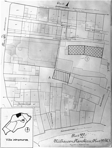 Plan cadastral de 1905, avec la situation des édifices inventoriés. Extrait de la section 99, feuille 1. A : Ecole des Tonneliers. Maison, 1 rue Paille (ancienne cour des Waldner de Freundstein).