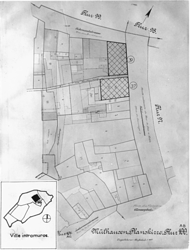 Plan cadastral de 1905, avec la situation des édifices inventoriés. Extrait de la section AB : maisons No 37 et 39 rue du Sauvage.