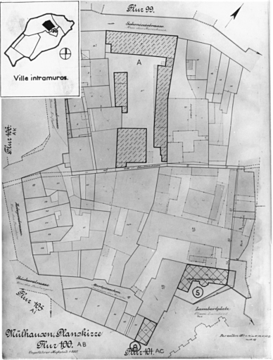 Plan cadastral de 1905, avec la situation des édifices inventoriés. Extrait de la section AB. A : chantier municipal (Werkhof), détruit. Presbytère Saint-Etienne, 5 place Lambert (actuellement annexe des archives municipales). Maison, 8 place de la Réunion.