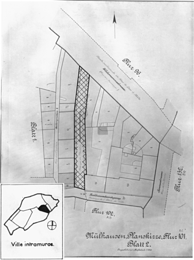 Plan cadastral de 1905, avec la situation des édifices inventoriés. Extrait de la section AC : passage couvert du Théâtre.