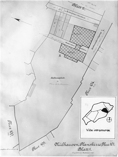 Plan cadastral de 1905, avec la situation des édifices inventoriés. Extrait de la section AC. A : Hôtel de ville.