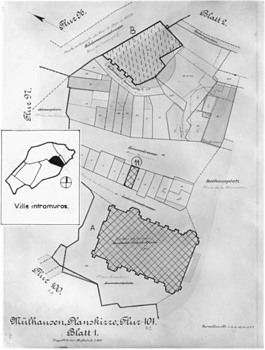 Plan cadastral de 1905, avec la situation des édifices inventoriés. Extrait de la section AC. A : temple Saint-Etienne. Maison 1 rue Mercière. B : cercle social (détruit).