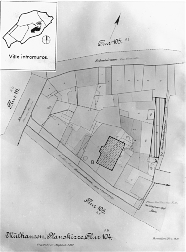 Plan cadastral de 1905, avec la situation des édifices inventoriés. Extrait de la section AH. A : atelierc de confection, 2 passage Teutonique. B : Villa Zuber, détruite (repérée).