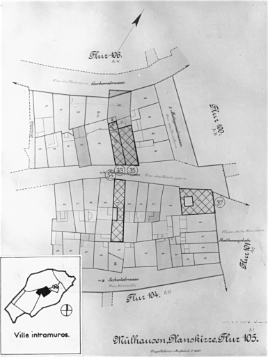 Plan cadastral de 1905, avec la situation des édifices inventoriés. Extrait de la section AI : maisons 33-35 rue des Boulangers, 34 rue des Boulangers, 37 place de la Réunion.