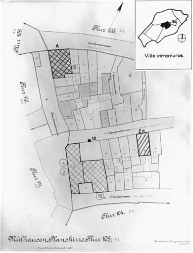 Plan cadastral de 1905, avec la situation des édifices inventoriés. Extrait de la section AI : maison de la tribu des vignerons, 32 rue Henriette. Magasin 20 rue des Boulangers. Immeuble 2-4 rue du Raisin. Enseigne Homme de fer, 10 rue des Boulangers. A : siège de corporation de boulangers.