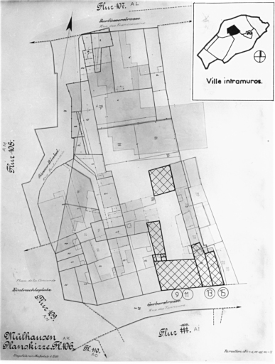 Plan cadastral de 1905, avec la situation des édifices inventoriés. Extrait de la section AK : maison, 9-11 rue des Tanneurs. Maison, 13-15 rue des Tanneurs.