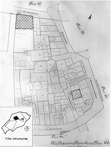 Plan cadastral de 1905, avec la situation des édifices inventoriés. Extrait de la section AK : maison No 8 impasse des Boeufs, hôtel de Loewenfels No 44 rue des Franciscains.