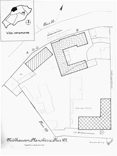 Plan cadastral de 1905, avec la situation des édifices inventoriés. Extrait de la section AL. A : nouveau bâtiment de l'école de chimie construit en 1921. B : école de chimie construite en 1878 (détruite). Hôtel dit la cour de Lorraine, 21 rue des Franciscains (actuellement école primaire).