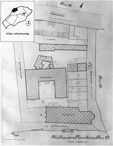 Plan cadastral de 1905, avec la situation des édifices inventoriés. Extrait de la section AL. A : église Sainte-Marie (ancienne église de Franciscains). B : école primaire dite Ecole centrale (détruite), maison No 83 rue du Couvent.