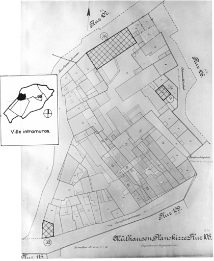 Plan cadastral de 1905, avec la situation des édifices inventoriés. Extrait de la section AM : maisons No 38 rue de l'Arsenal, 9 rue Bonbonnière, 28 rue des Frnaciscains.