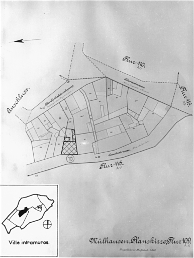 Plan cadastral de 1905, avec la situation des édifices inventoriés. Extrait de la section AN : maison No 10 rue de la loi.