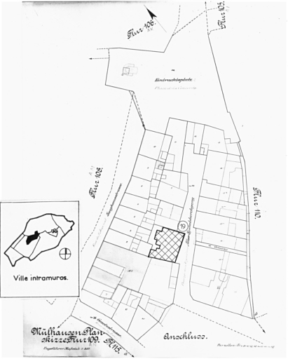 Plan cadastral de 1905, avec la situation des édifices inventoriés. Extrait de la section AN : maison, 19 passage des Augustins.