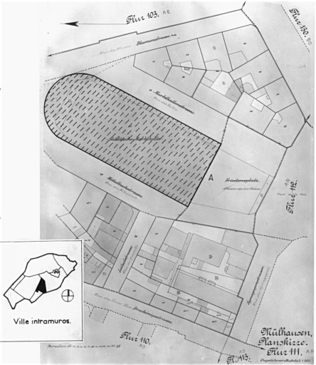 Plan cadastral de 1905, avec la situation des édifices inventoriés. Extrait de la section AP. Halles, rue des Halles (détruit).