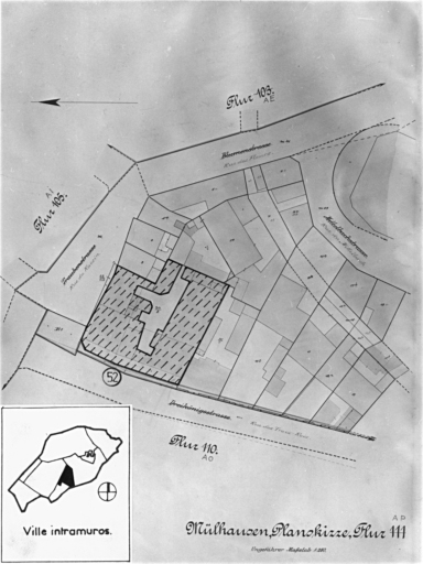 Plan cadastral de 1905, avec la situation des édifices inventoriés. Extrait de la section AP. Maison étudiée : 52 rue des Trois-Rois (détruite).