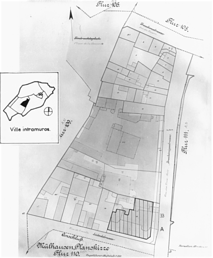 Plan cadastral de 1905, avec la situation des édifices inventoriés. Extrait de la section AO. A : Caisse Générale des Malades, 33 rue des Tois-Rois, construite à l'emplacement de la maison de l'abbaye de Lucelle.