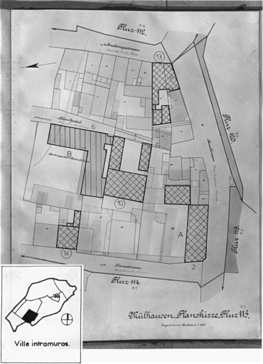 Plan cadastral de 1905, avec la situation des édifices inventoriés. Extrait de la section AS. A : ancienne filature Thierry-Mieg. B : ancien hospice.