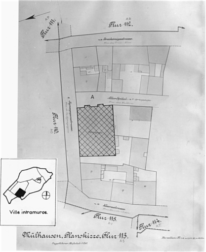 Plan cadastral de 1905, avec la situation des édifices inventoriés. Exrtait de la section AS. B : hôpital.