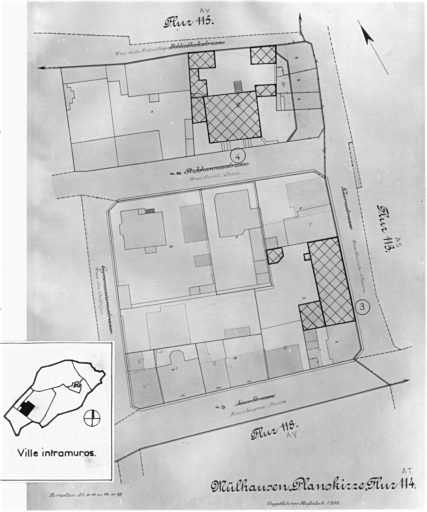 Plan cadastral de 1905, avec la situation des édifices inventoriés. Extrait de la section AT. Maisons No 4 rue Saint-Jean et 3 rue Sainte-Claire.