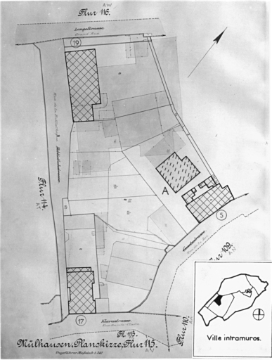 Plan cadastral de 1905, avec la situation des édifices inventoriés. Extrait de la section AV. Maisons, 19 Grand-Rue (actuellement bibliothèque municipale), 5 rue de la Loi, 17 rue Sainte-Claire. A : école privée rue de la Loi.