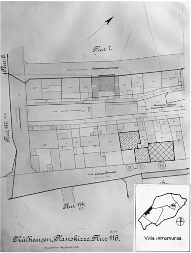 Plan cadastral de 1905, avec la situation des édifices inventoriés. Extrait de la section AW. Maison, 16 Grand-Rue (détruite en 1983). Cour des Thierstein, 18-20 Grand-Rue (détruite en 1967).