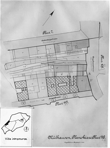 Plan cadastral de 1905, avec la situation des édifices inventoriés. Extrait de la section AW. A : usine, ancienne brasserie Kraus puis fabrique de confection Loeb (détruit en 1984). Maisons 2, 4, 6, 12 Grand-Rue (détruites en 1983).