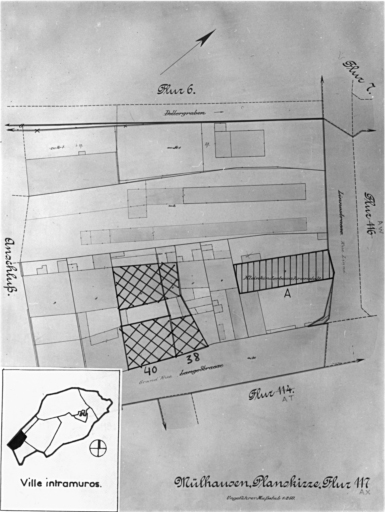 Plan cadastral de 1905, avec la situation des édifices inventoriés. Extrait de la section AX. Edifice repéré : école maternelle, Grand-Rue.