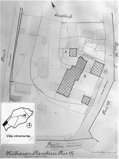 Plan cadastral de 1905, avec la situation des édifices inventoriés. Extrait de la section AX. A : tour Nessel. B : école d'apprentis Grand-Rue, actuellement annexe du lycée Gay-Lussac. Maison 56 Grand-Rue.