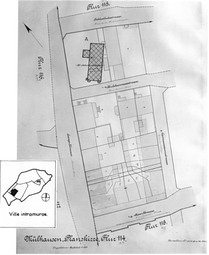 Plan cadastral de 1905, avec la situation des édifices inventoriés. Extrait de la section AT. A : chapelle de la commanderie des chevaliers de saint Jean.