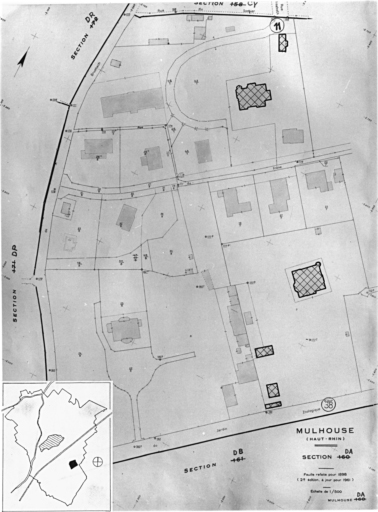 Plan cadastral de 1905, avec la situation des édifices inventoriés. Extrait de la section DA. Villa, 11 rue Elisabeth, 38 rue du Jardin-Zoologique.