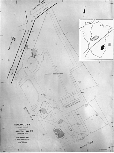 Plan cadastral de 1905, avec la situation des édifices inventoriés. Extrait de la section DB : jardin zoologique.